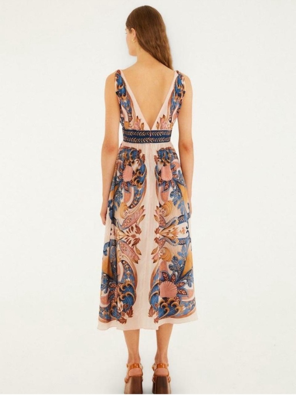 FARM Rio Blush Pink Paisley Midi Dress with Blue & Tan Accents
